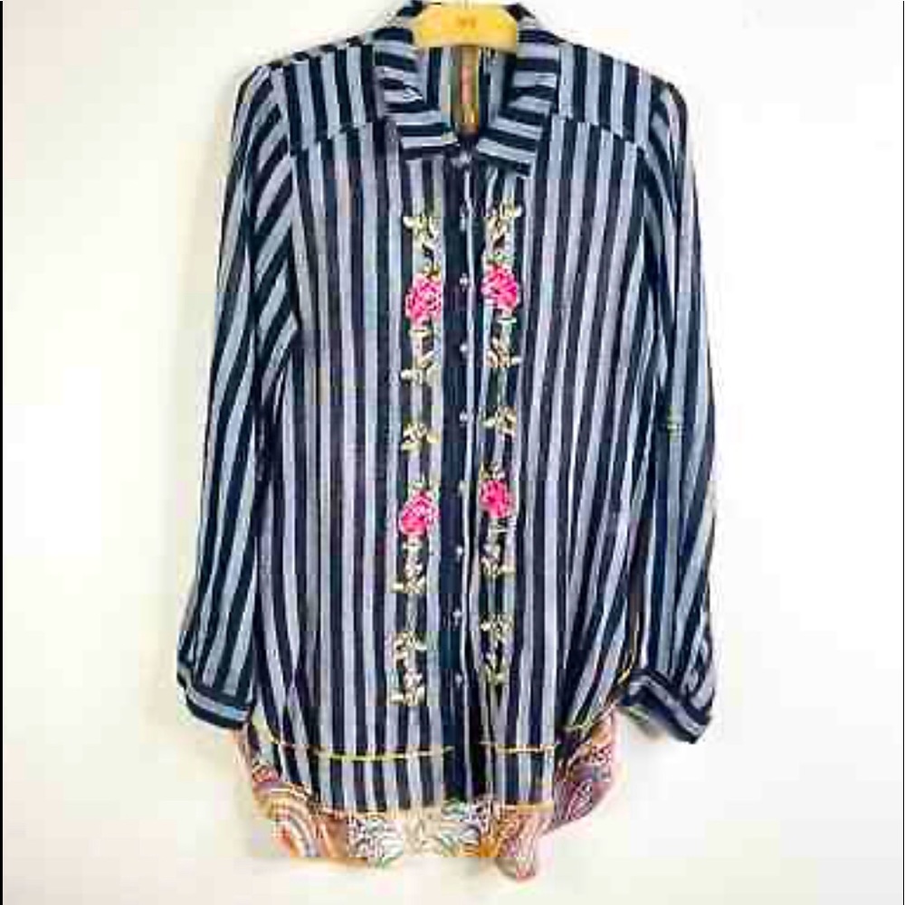 Aratta NWOT Black Striped Embroidered Rose Tunic